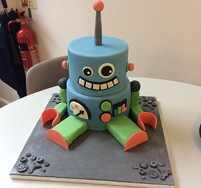 robot cake blue green