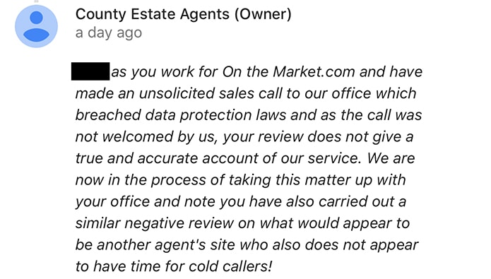 OnTheMarket sales rep wrote critical review of agency after cold call 