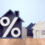 House-shaped icons with percentage symbols representing mortgage interest rates.
