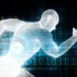 Digital human figure running with data and binary code background.